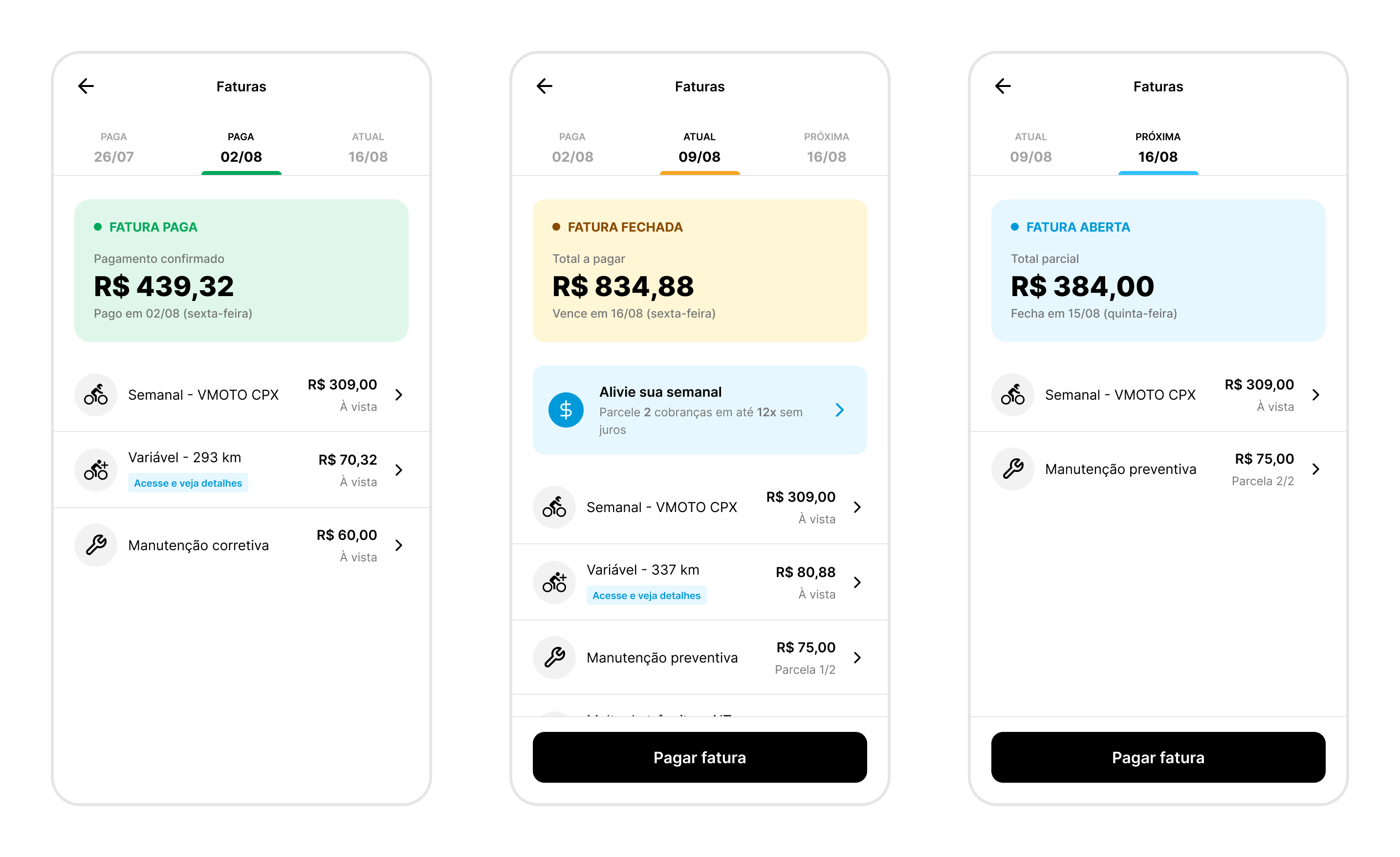 Estados da fatura no app: Paga, Fechada e Aberta
