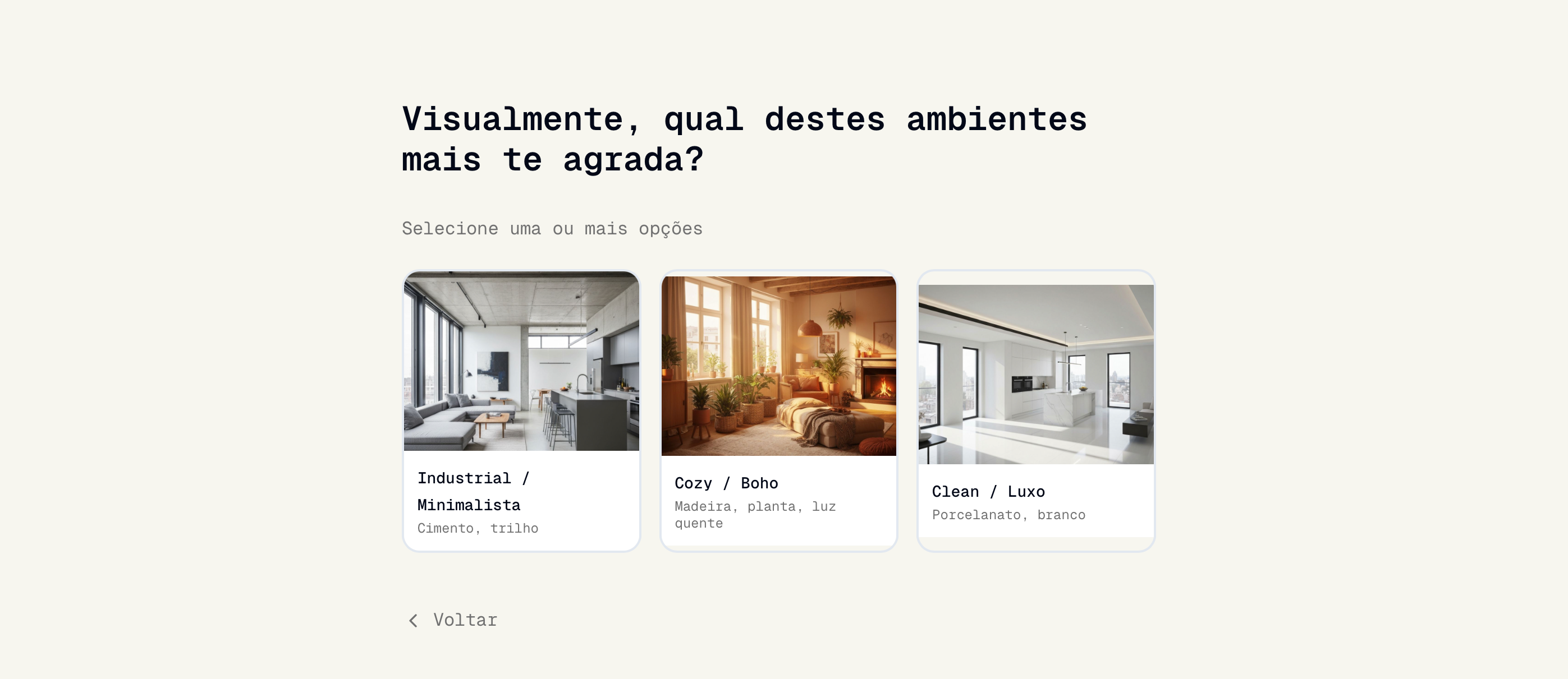 Pergunta visual do onboarding — estética do ambiente
