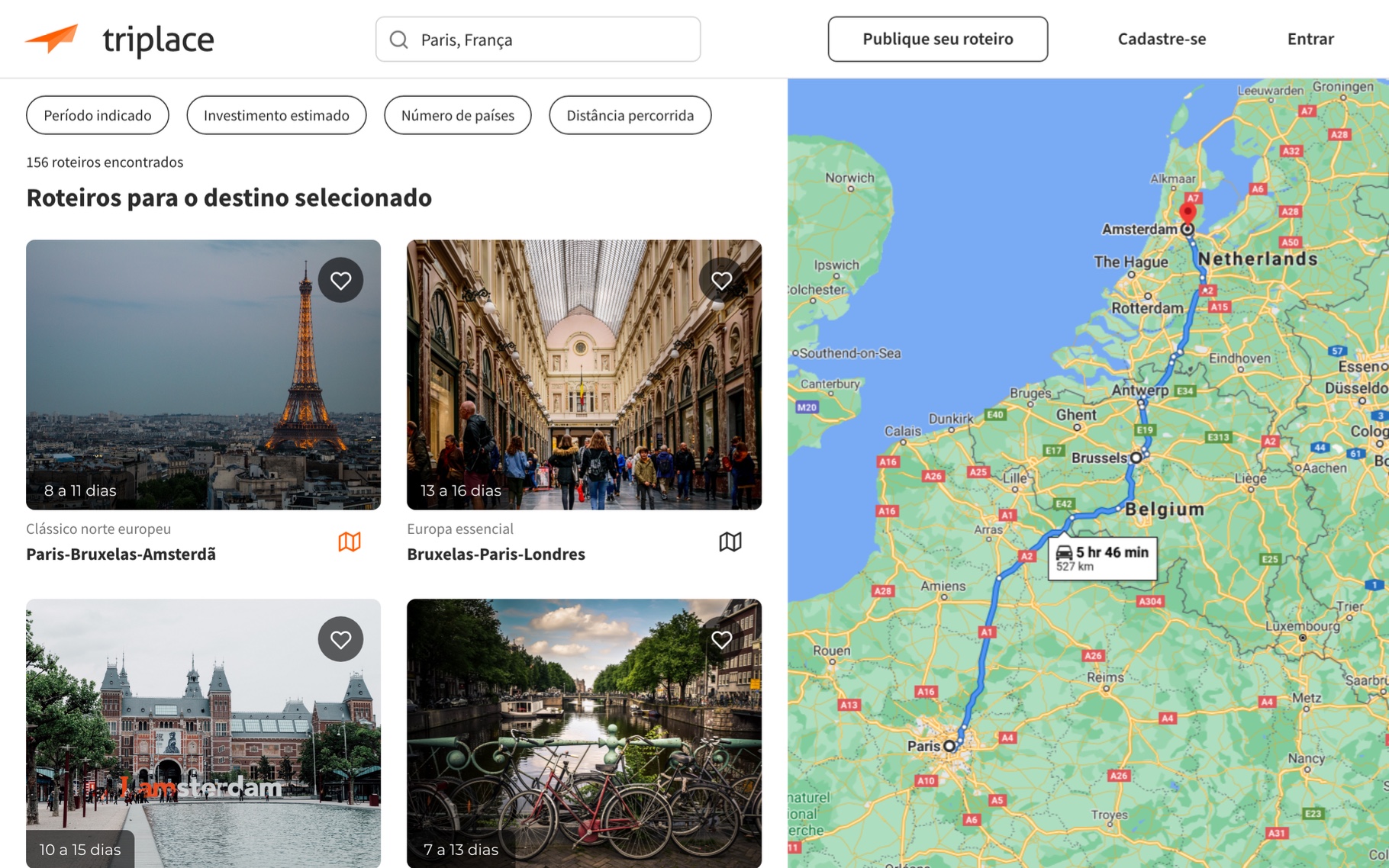 Resultado de busca do Triplace — roteiros para o destino selecionado com mapa