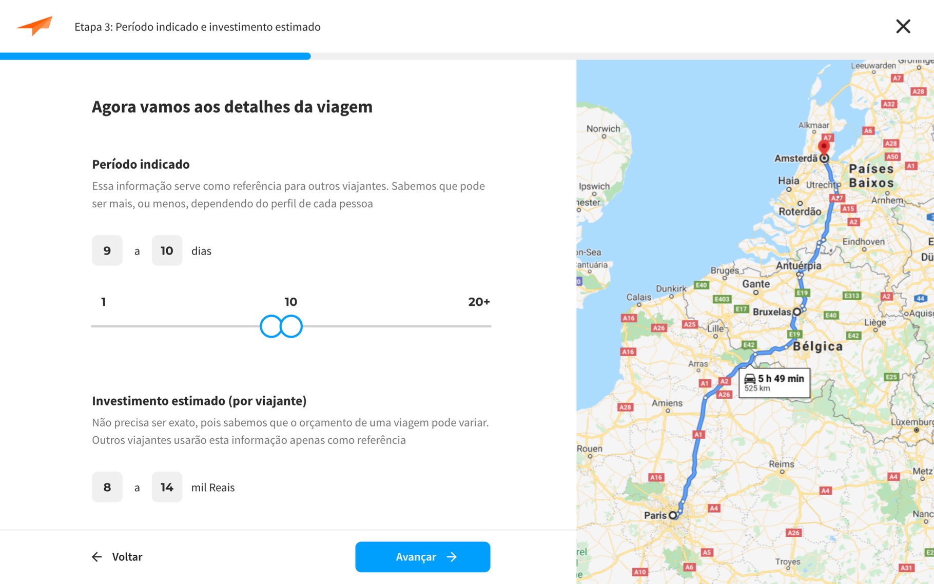 Etapa 3 da publicação — período indicado e investimento estimado, com mapa do trajeto
