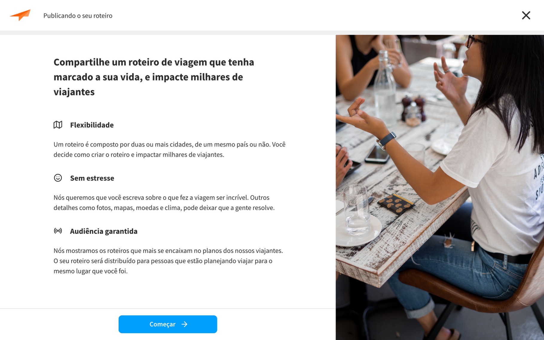 Tela de boas-vindas do fluxo de publicação de roteiro do Triplace